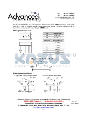 ACTR430/430.5/F11 datasheet - true one-port, surface-acoustic-wave (SAW) resonator