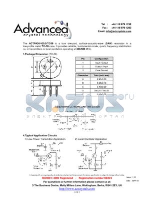 ACTR430/430.5/TO39 datasheet - true one-port, surface-acoustic-wave (SAW) resonator