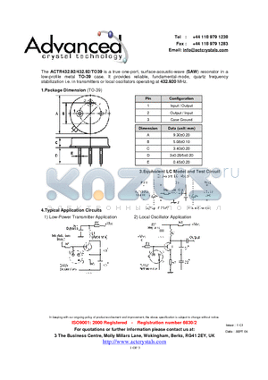 ACTR432.92 datasheet - true one-port, surface-acoustic-wave (SAW) resonator