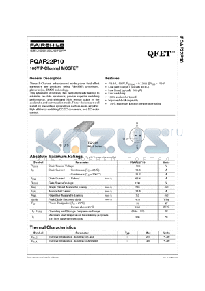 FQAF22P10 datasheet - 100V P-Channel MOSFET