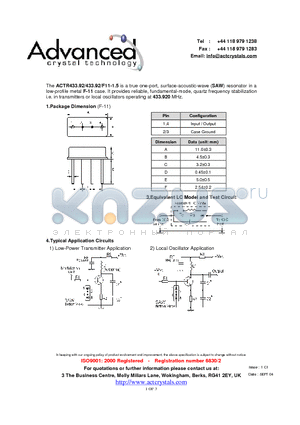 ACTR433.92/433.92/F11-1 datasheet - true one-port, surface-acoustic-wave (SAW) resonator