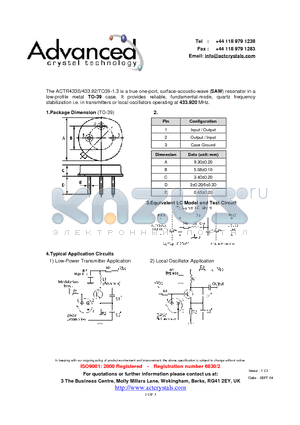 ACTR433S/433.92/TO39-1.3 datasheet - true one-port, surface-acoustic-wave (SAW) resonator