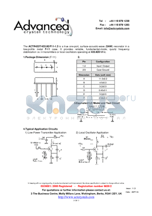 ACTR433T datasheet - true one-port, surface-acoustic-wave (SAW) resonator