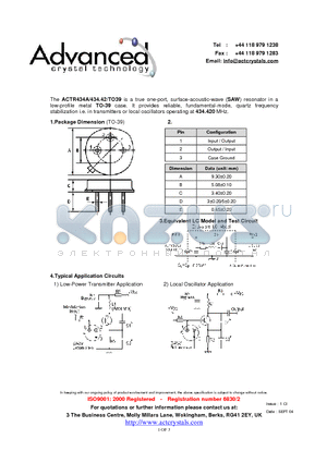 ACTR434A/434.42/TO39 datasheet - true one-port, surface-acoustic-wave (SAW) resonator