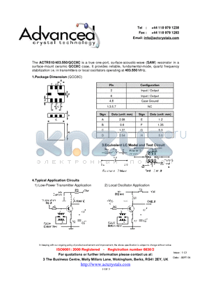 ACTR510/403.550/QCC8C datasheet - true one-port, surface-acoustic-wave (SAW) resonator