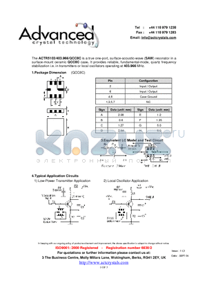 ACTR5103/403.966/QCC8C datasheet - true one-port, surface-acoustic-wave (SAW) resonator