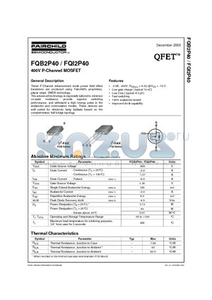 FQB2P40 datasheet - 400V P-Channel MOSFET
