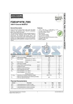 FQB34P10TM datasheet - 100V P-Channel MOSFET