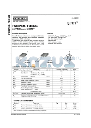 FQB3N60 datasheet - 600V N-Channel MOSFET