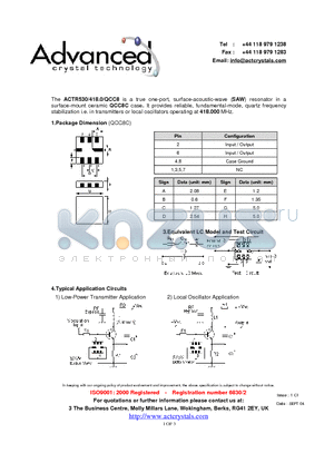 ACTR530/418.0/QCC8 datasheet - true one-port, surface-acoustic-wave (SAW) resonator