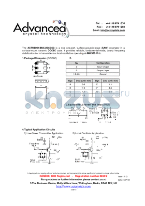 ACTR8001/868.3/DCC6C datasheet - true one-port, surface-acoustic-wave (SAW) resonator
