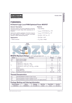 FQB60N03L datasheet - N-Channel Logic Level PWM Optimized Power MOSFET