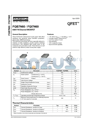 FQB7N60 datasheet - 600V N-Channel MOSFET