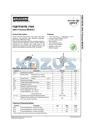 FQB7P20TM datasheet - 200v P-Channel MOSFET