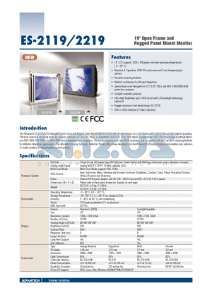 ES-2219C-VEA-SRE datasheet - 19 Open Frame and Rugged Panel Mount Monitor