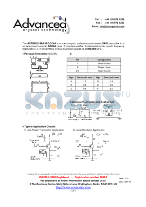 ACTR8021/868.35/QCC4A datasheet - true one-port, surface-acoustic-wave (SAW) resonator