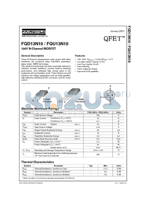 FQD13N10 datasheet - 100V N-Channel MOSFET