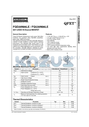 FQD20N06LE datasheet - 60V LOGIC N-Channel MOSFET