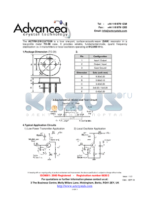 ACTR912/912.0/TO39 datasheet - true one-port, surface-acoustic-wave (SAW) resonator