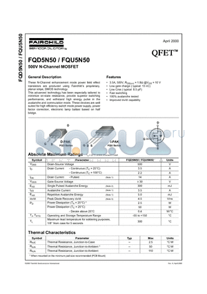 FQD5N50 datasheet - 500V N-Channel MOSFET