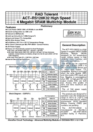 ACTRS128K32 datasheet - RAD Tolerant ACT-RS128K32 High Speed 4 Megabit SRAM Multichip Module