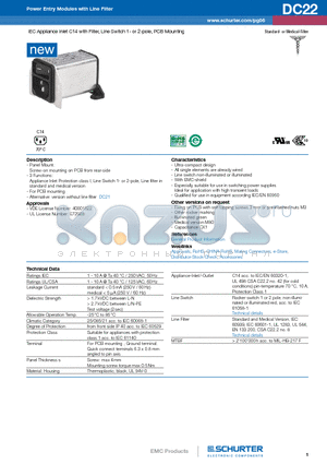 DC22.1111.111 datasheet - IEC Appliance Inlet C14 with Filter, Line Switch 1- or 2-pole, PCB Mounting