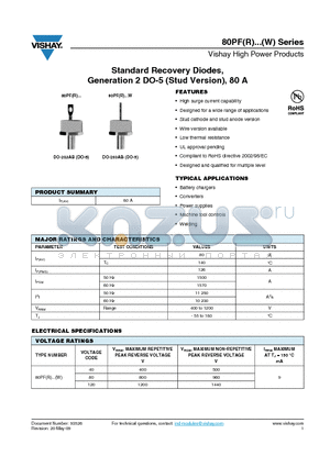 82PF80 datasheet - Standard Recovery Diodes, Generation 2 DO-5 (Stud Version), 80 A