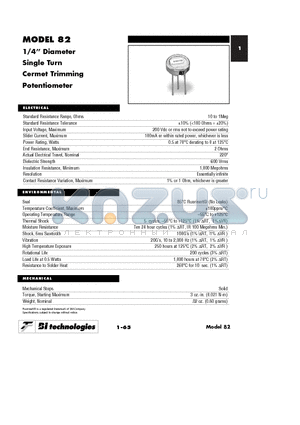 82PR100KLFTB datasheet - 1/4 Diameter Single Turn Cermet Trimming Potentiometer