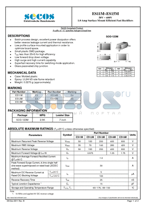 ES14M datasheet - 50V ~ 600V 1.0 Amp Surface Mount Efficient Fast Rectifiers