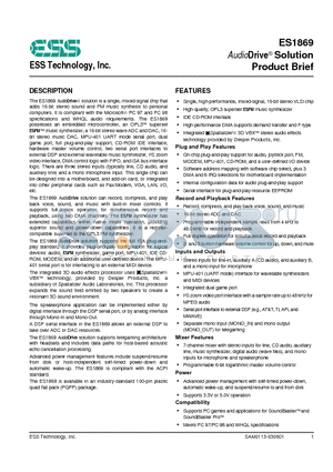 ES1869 datasheet - AudioDrive Solution Product Brief