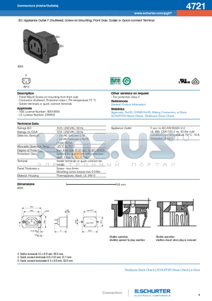 4721.0000 datasheet - IEC Appliance Outlet F Shuttered, Screw-on Mounting, Front Side, Solder or Quick-connect Terminal