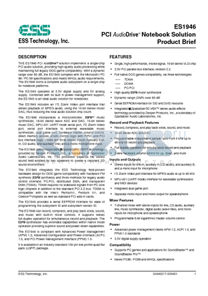 ES1946 datasheet - PCI AudioDrive Notebook Solution Product Brief