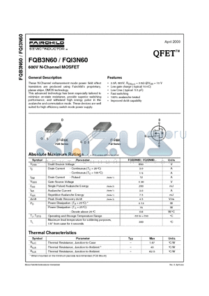 FQI3N60 datasheet - 600V N-Channel MOSFET