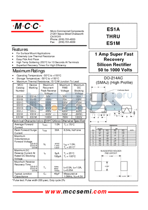 ES1A datasheet - 1 Amp Super Fast Recovery Silicon Rectifier 50 to 1000 Volts