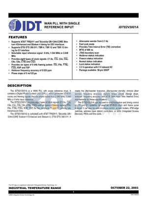 82V3001 datasheet - WAN PLL WITH SINGLE  REFERENCE INPUT