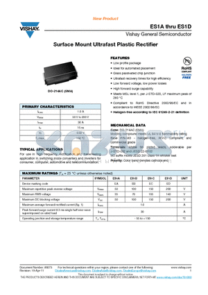 ES1A datasheet - Surface Mount Ultrafast Plastic Rectifier