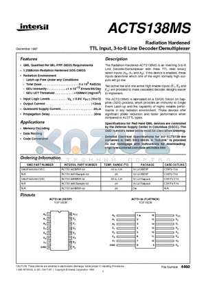 ACTS138KMSR-02 datasheet - Radiation Hardened TTL Input, 3-to-8 Line Decoder/Demultiplexer