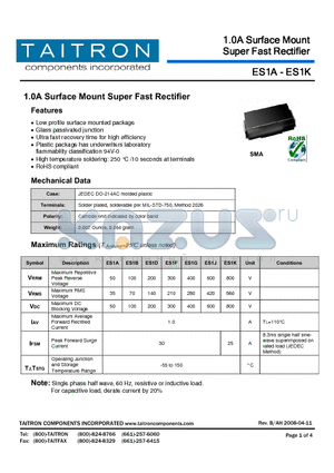 ES1B datasheet - 1.0A Surface Mount Super Fast Rectifier