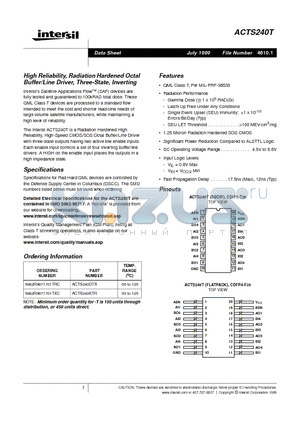 ACTS240KTR datasheet - High Reliability, Radiation Hardened Octal Buffer/Line Driver, Three-State, Inverting