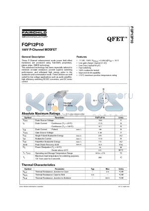 FQP12P10 datasheet - 100V P-Channel MOSFET