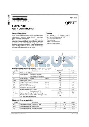 FQP17N40 datasheet - 400V N-Channel MOSFET