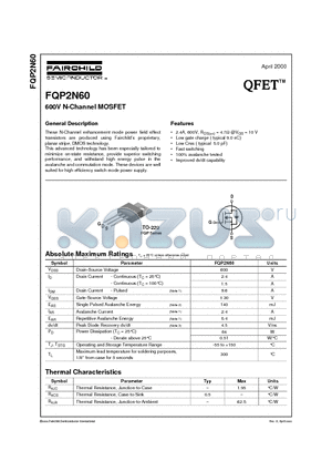 FQP2N60 datasheet - 600V N-Channel MOSFET