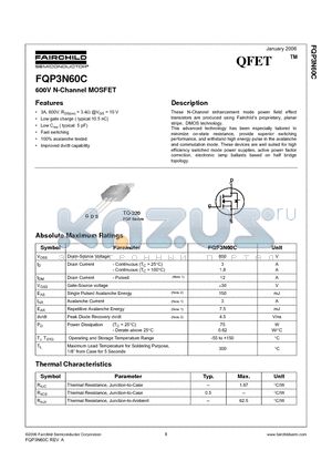 FQP3N60C datasheet - 600V N-Channel MOSFET