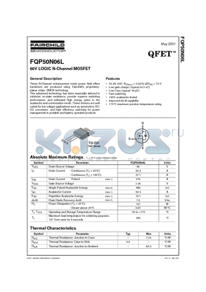 FQP50N06 datasheet - 60V LOGIC N-Channel MOSFET