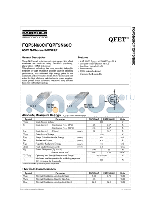 FQP5N60C datasheet - 600V N-Channel MOSFET