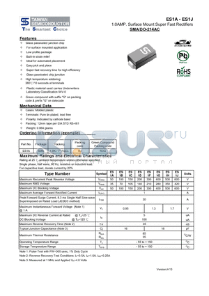 ES1J datasheet - 1.0AMP. Surface Mount Super Fast Rectifiers