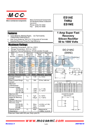 ES1KE datasheet - 1 Amp Super Fast Recovery Silicon Rectifier 50 to 1000 Volts