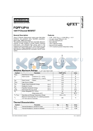 FQPF12P10 datasheet - 100V P-Channel MOSFET