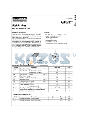 FQPF17P06 datasheet - 60V P-Channel MOSFET