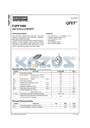 FQPF1N60 datasheet - 600V N-Channel MOSFET